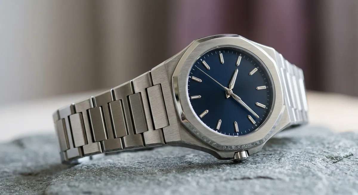 Montre de luxe sport-chic en acier au poignet, gros plan sur fond épuré