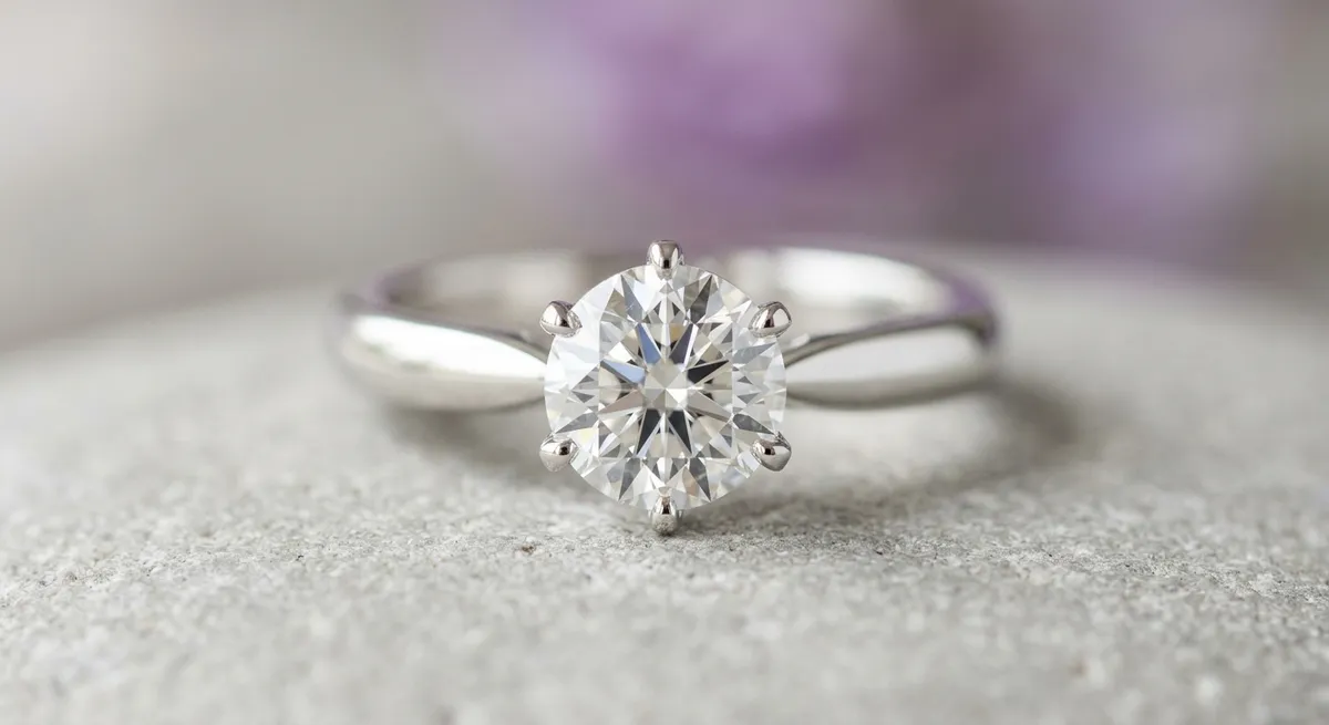 Bague de fiançailles en or blanc sertie d’un diamant, gros plan sur fond épuré
