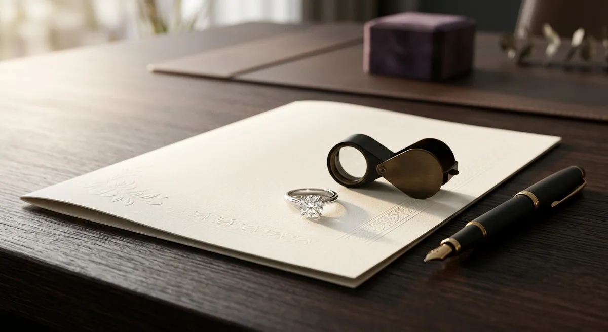 Contrat d’assurance, loupe de gemmologue et bijou de valeur sur un bureau