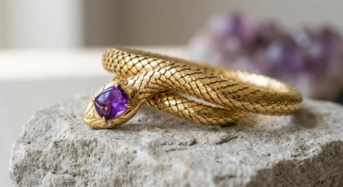 Bracelet joaillier en or serti d’une pierre de couleur, gros plan sur fond épuré
