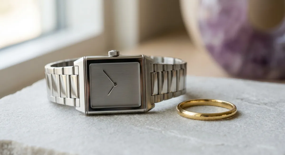 Montre habillée de luxe et bague en or posées sur fond épuré, gros plan