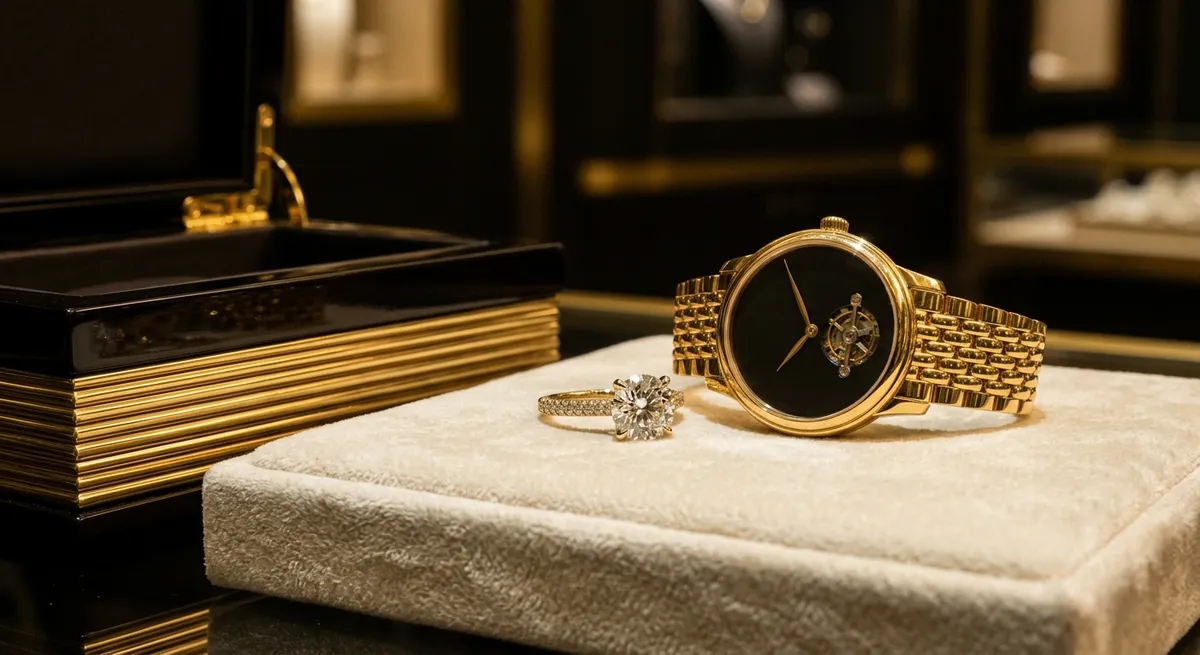 Bijou serti et montre de luxe sur un écrin de velours, ambiance joaillerie