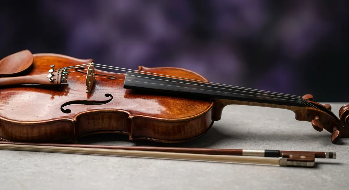 Violon en bois verni et son archet, gros plan sur fond épuré