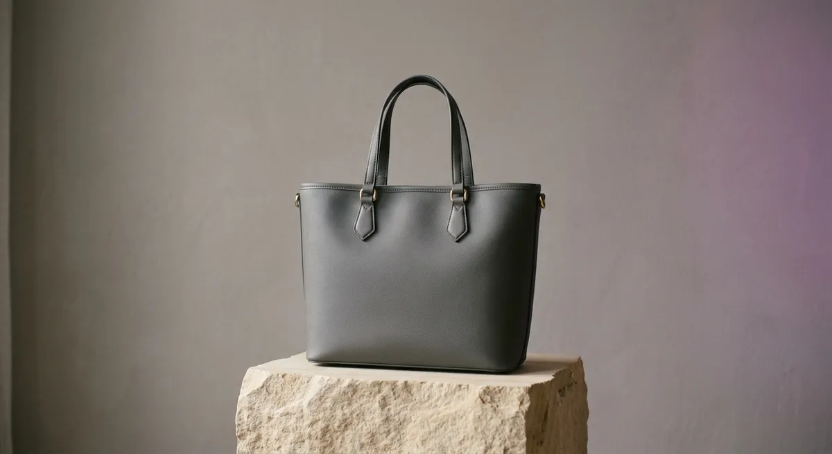 Sac à main de luxe en toile enduite structuré posé sur un socle clair