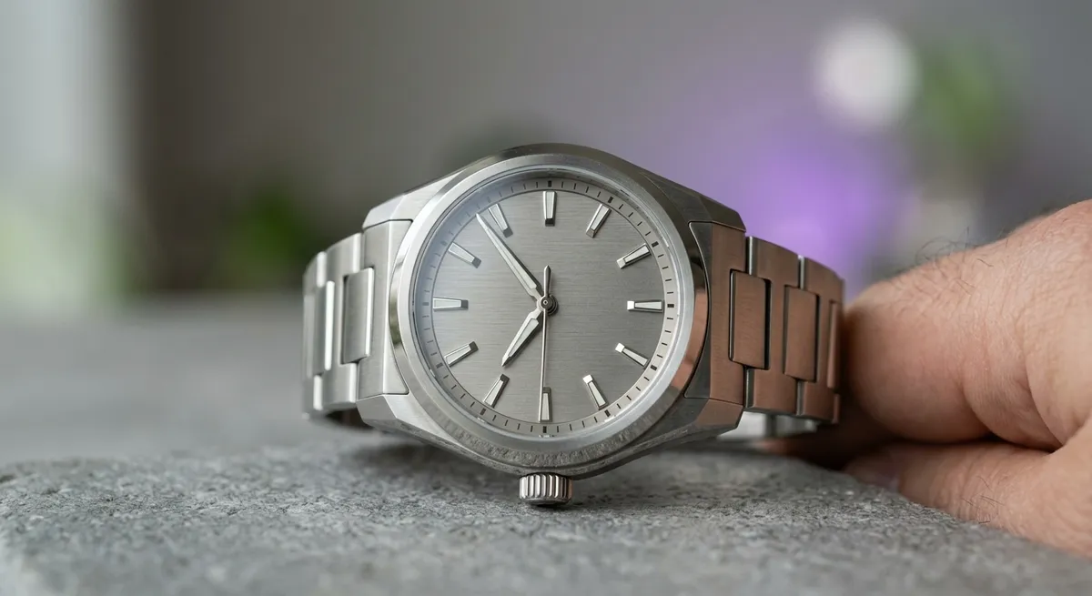 Montre de luxe automatique en acier au poignet, gros plan sur fond épuré