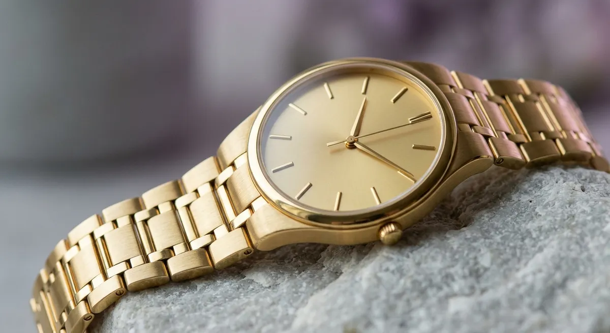 Montre habillée de luxe en or au poignet, gros plan sur fond épuré