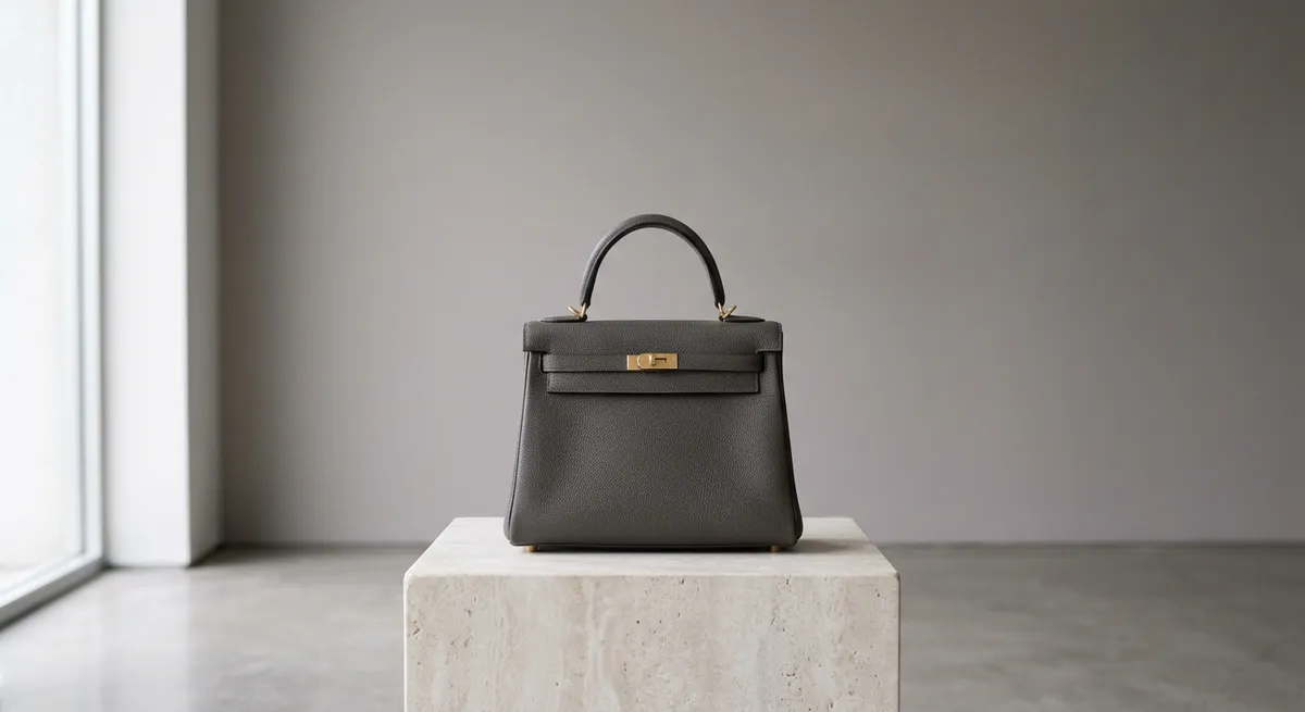 Sac à main de luxe structuré posé sur un socle clair, ambiance galerie contemporaine
