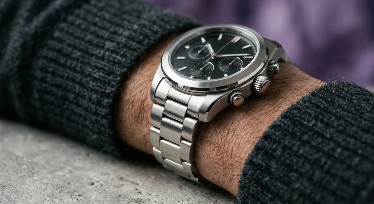 Chronographe de sport en acier au poignet, gros plan sur fond épuré