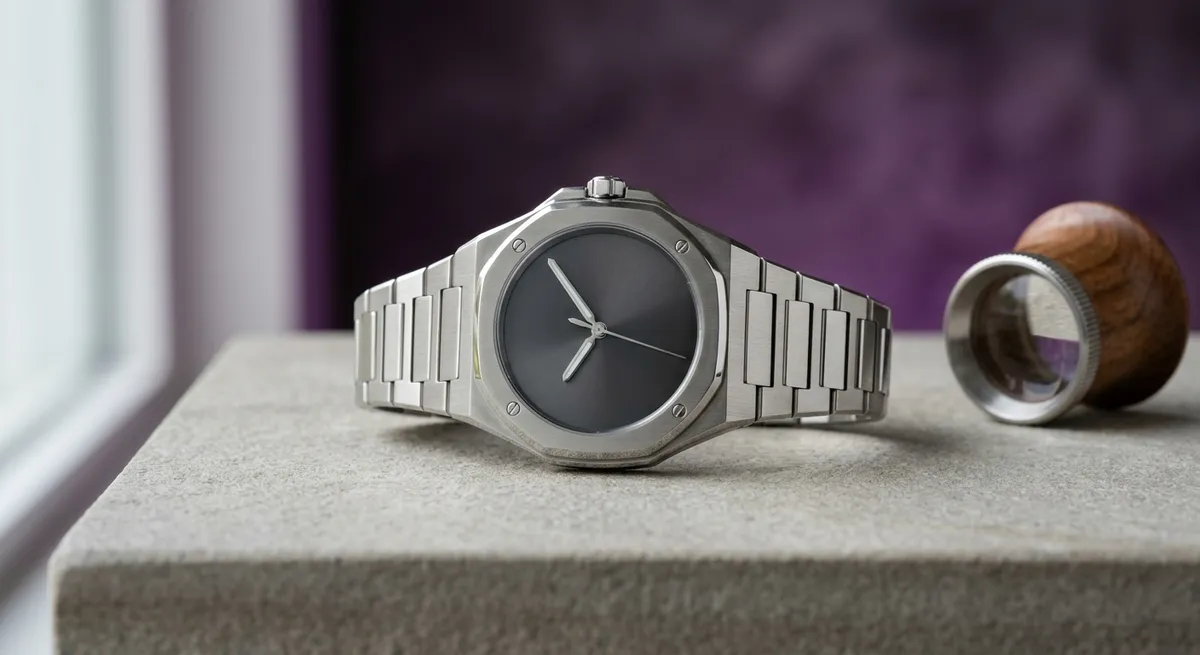 Montre de luxe sport-chic en acier posée à plat à côté d’une loupe d’horloger, gros plan