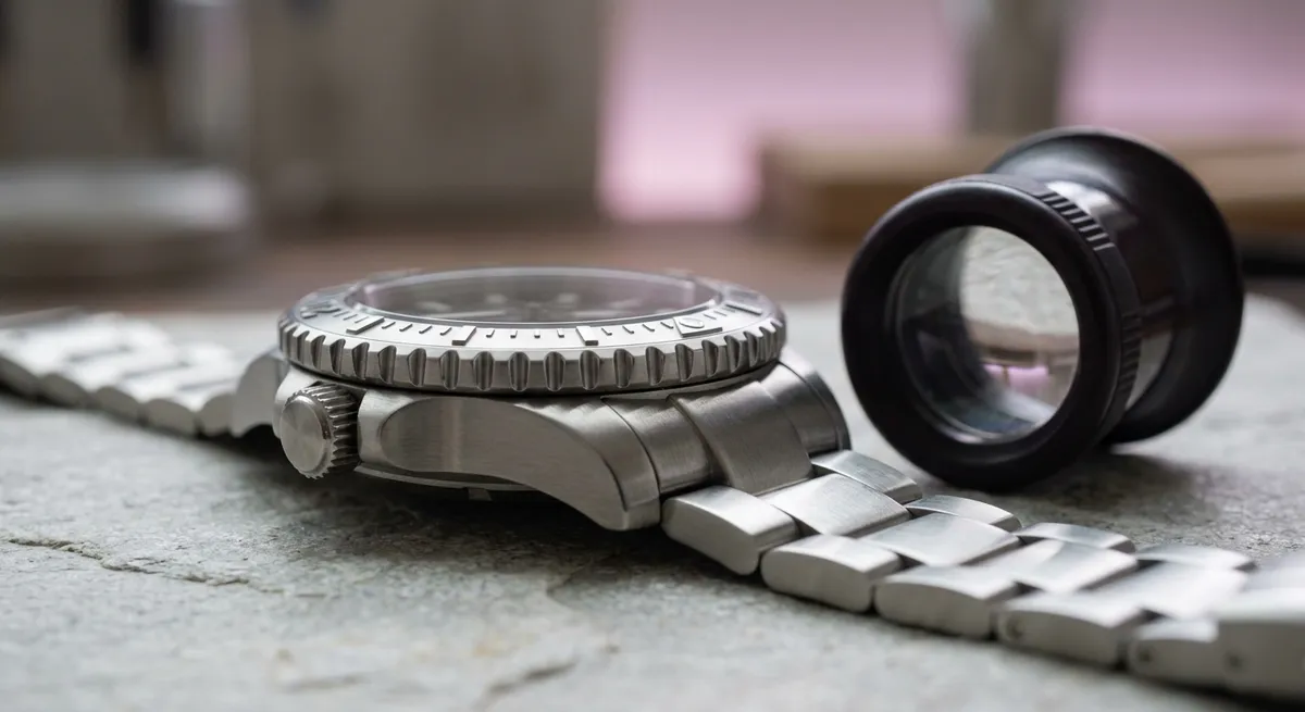 Montre-outil d’aviateur en acier posée à plat à côté d’une loupe d’horloger, gros plan