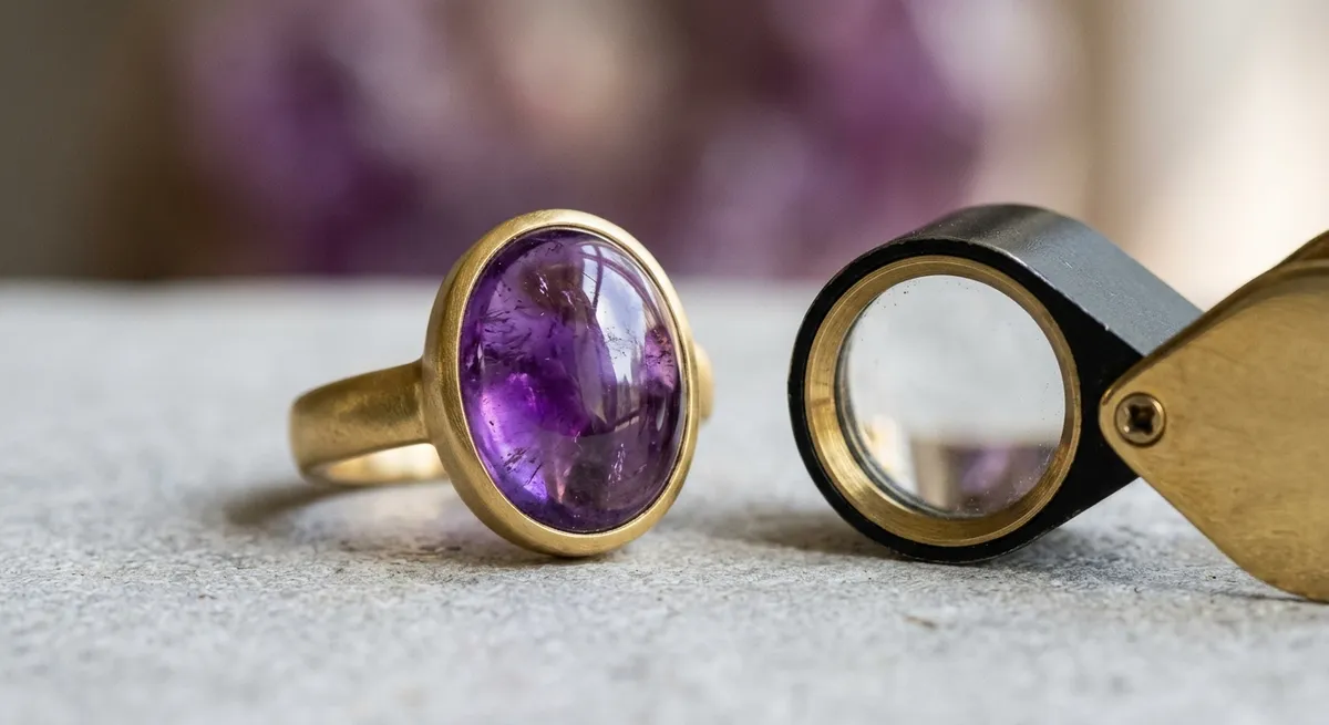 Bague joaillière sertie d’un cabochon de couleur posée à plat à côté d’une loupe de gemmologue, gros plan
