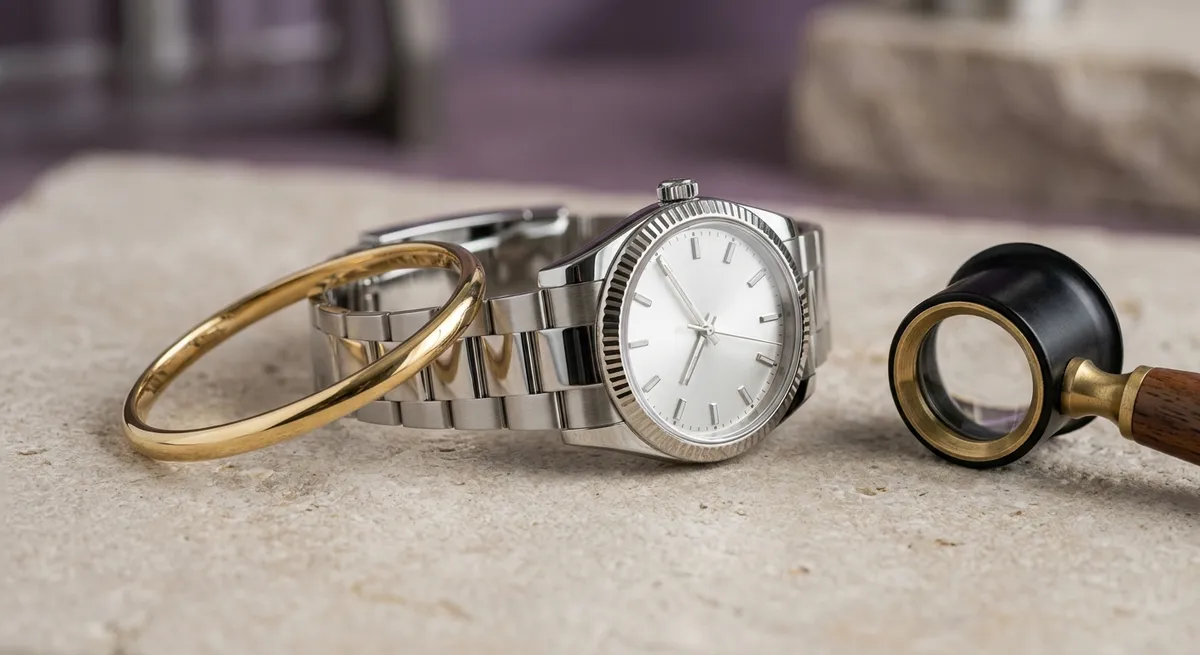 Montre habillée de luxe et bague en or posées à plat à côté d’une loupe, gros plan
