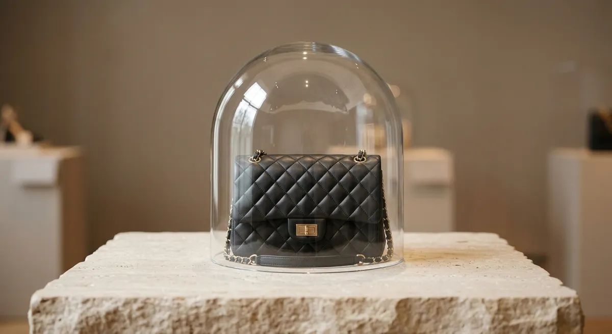 Sac à main de luxe matelassé présenté sous une cloche de verre, éclairage muséal