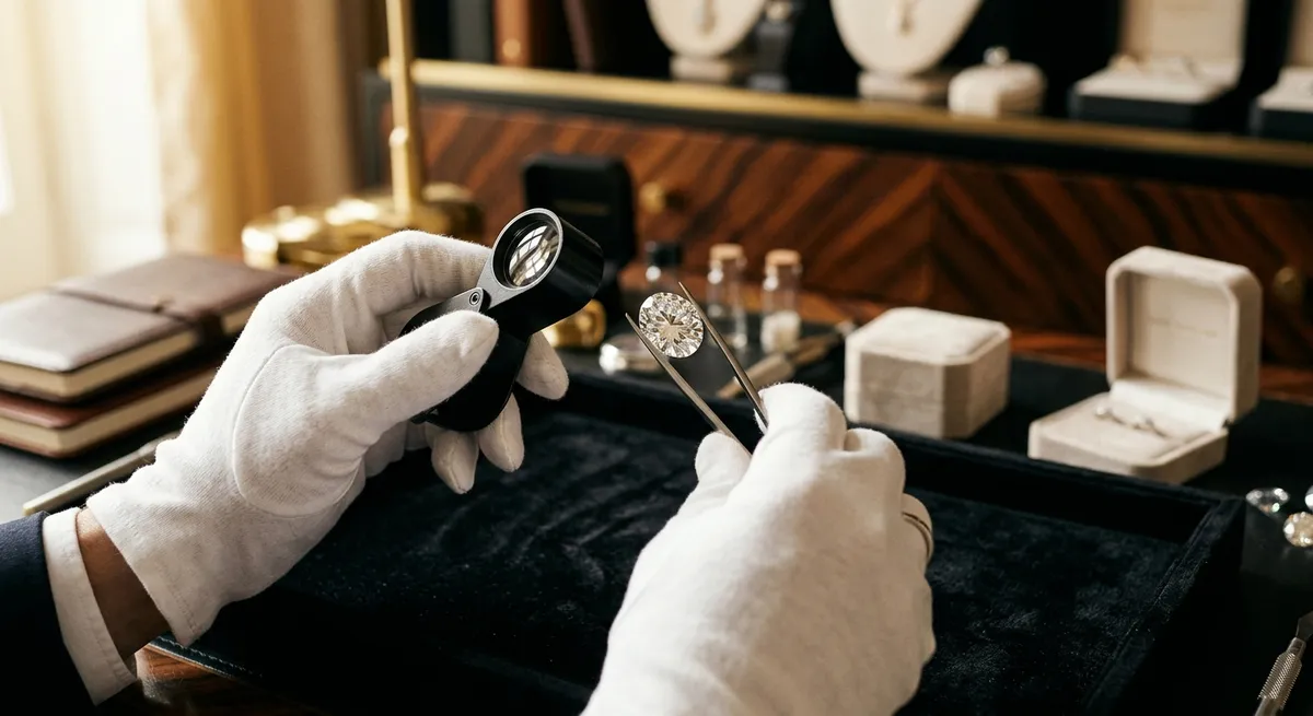 Expert examinant une pierre précieuse à la loupe de gemmologue