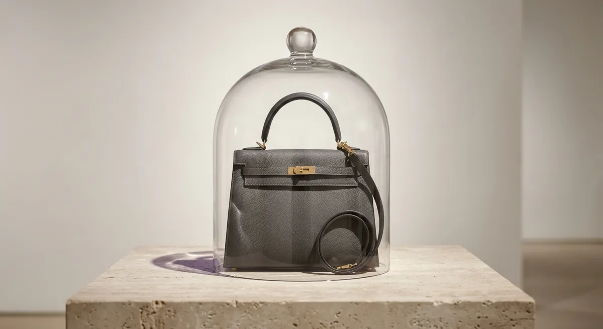 Sac à main de luxe structuré présenté sous une cloche de verre, éclairage muséal