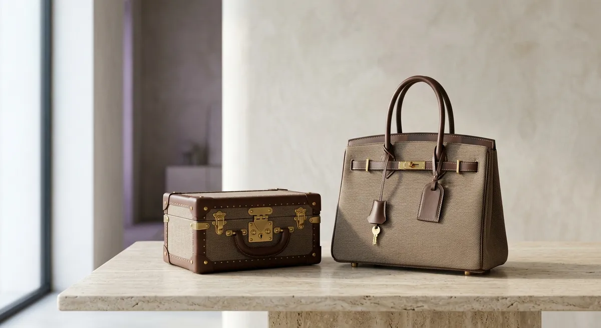 Sac en toile enduite et petite malle rigide présentés sur une table claire, éclairage muséal