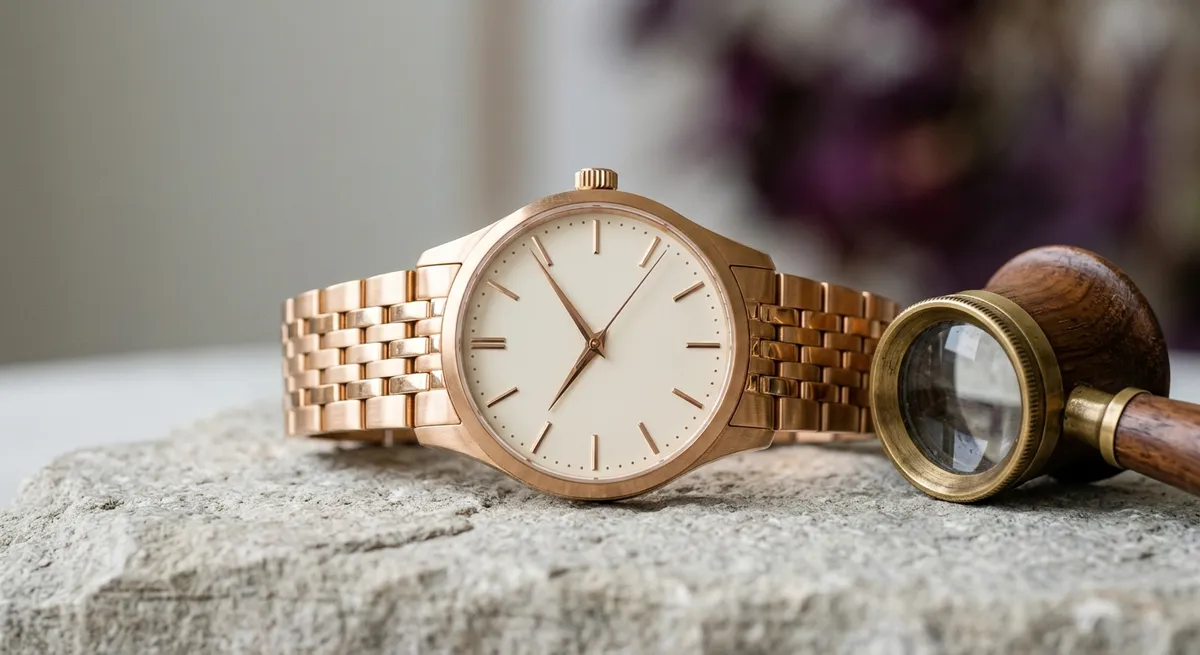 Montre habillée de luxe en or posée à plat à côté d’une loupe d’horloger, gros plan