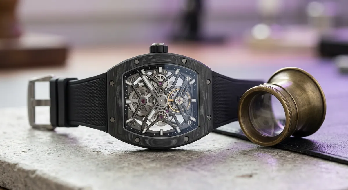 Montre de sport haute technologie au boîtier composite posée à plat à côté d’une loupe d’horloger, gros plan