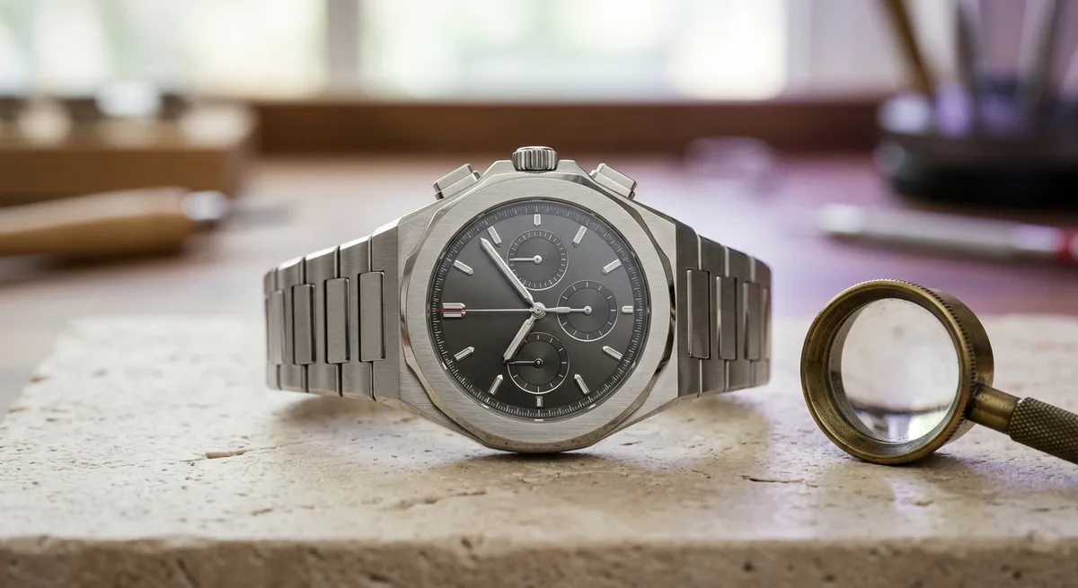 Chronographe de sport en acier posé à plat à côté d’une loupe d’horloger, gros plan