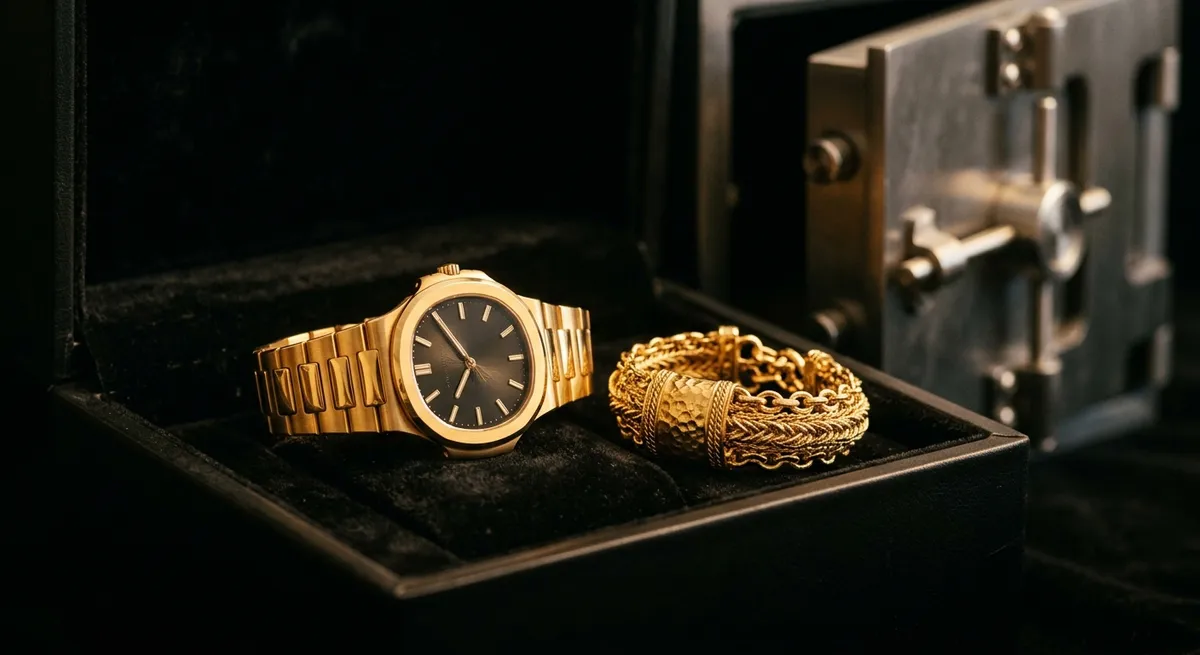 Montre de luxe et bijou en or dans un coffre-fort tapissé de velours